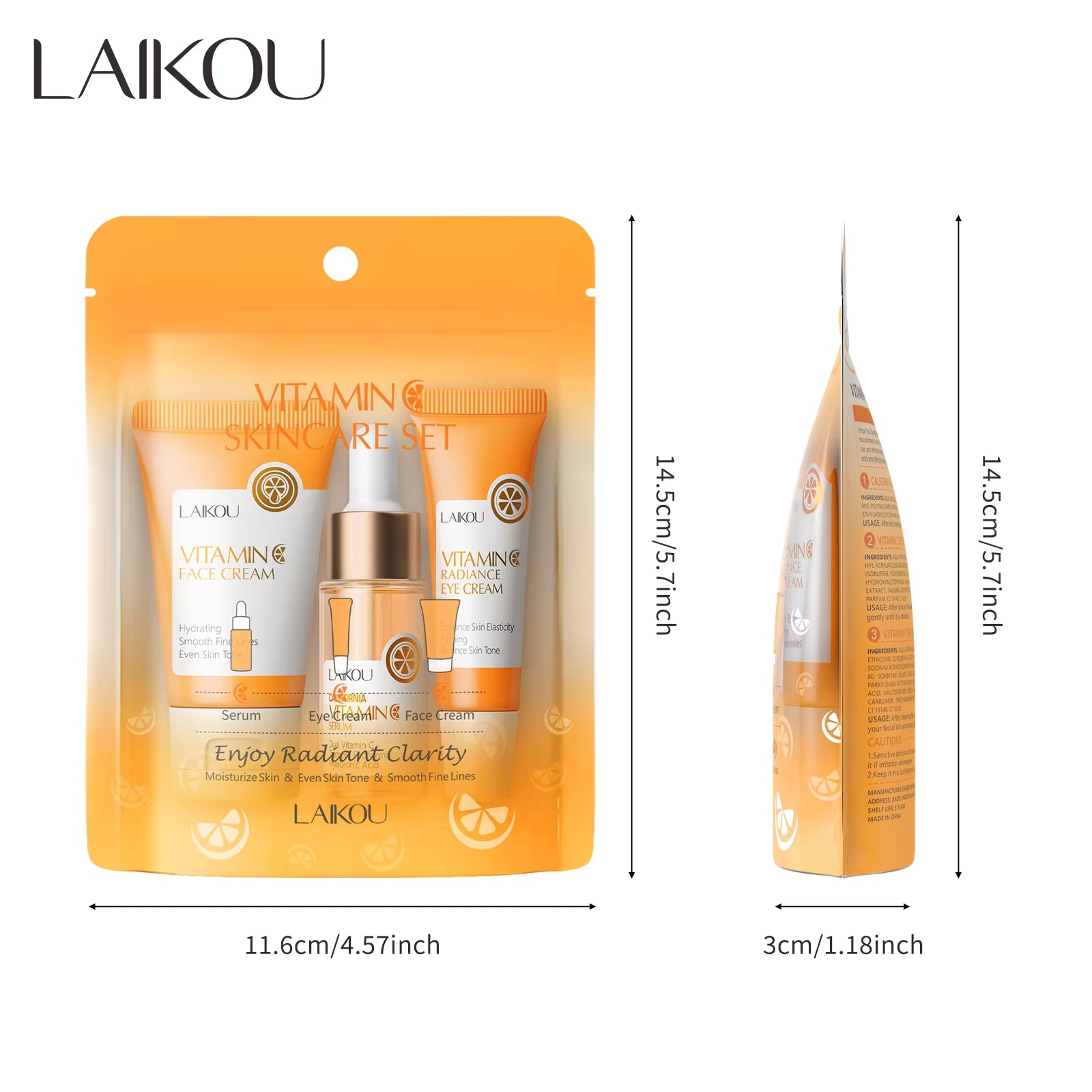 LAIKOU Vitamin C 3pcs/Set Facial Set for Hydrating Moisturizing Whitening and Brightening Winter Skincare