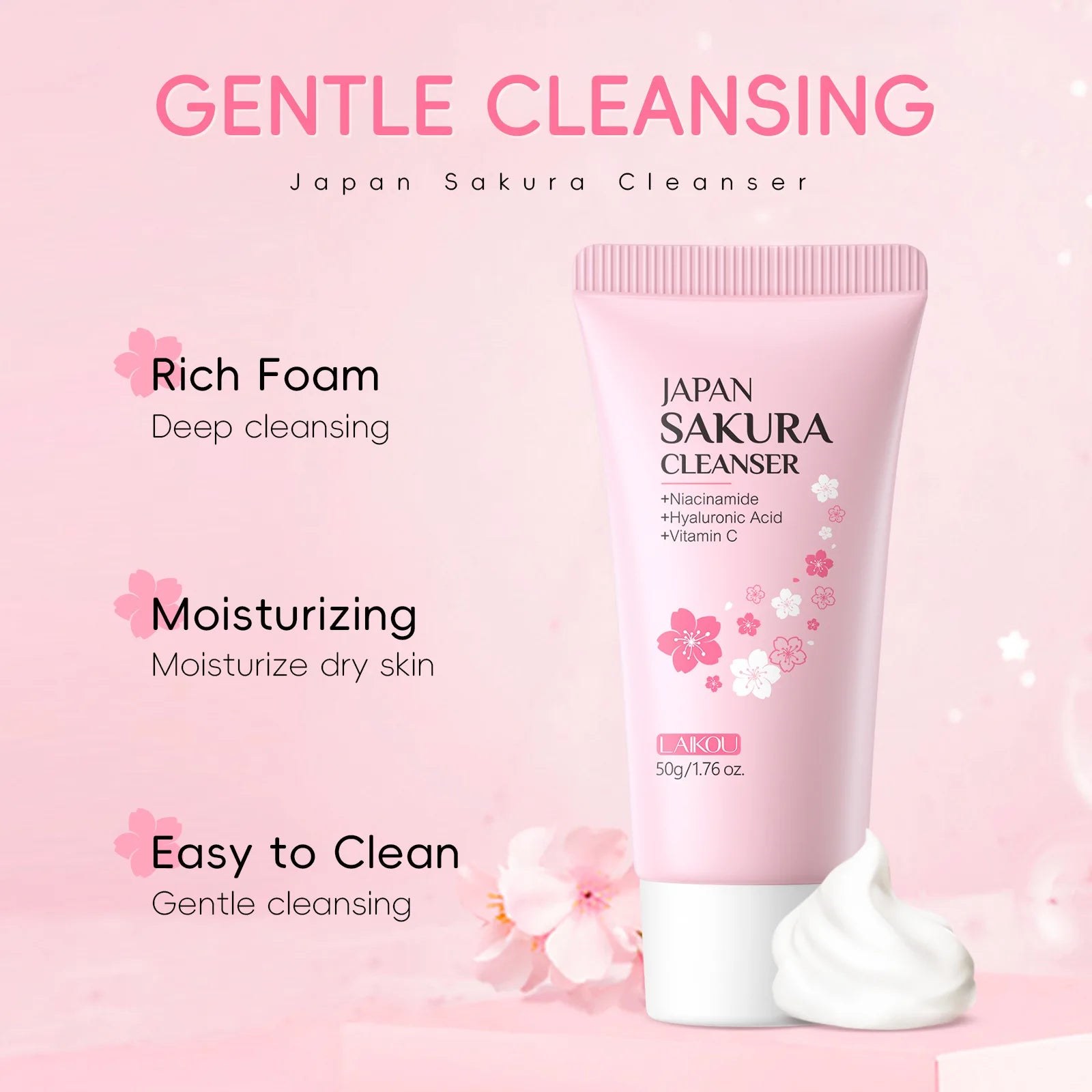 Laikou Sakura Facial Cleanser Deep Cleansing Pores Oil Control Moisturizing Brightening Face Wash Gentle For All Skin Types 50g