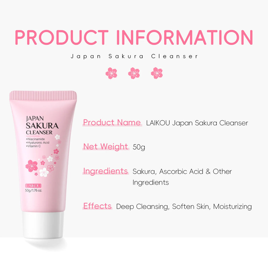Laikou Sakura Facial Cleanser Deep Cleansing Pores Oil Control Moisturizing Brightening Face Wash Gentle For All Skin Types 50g