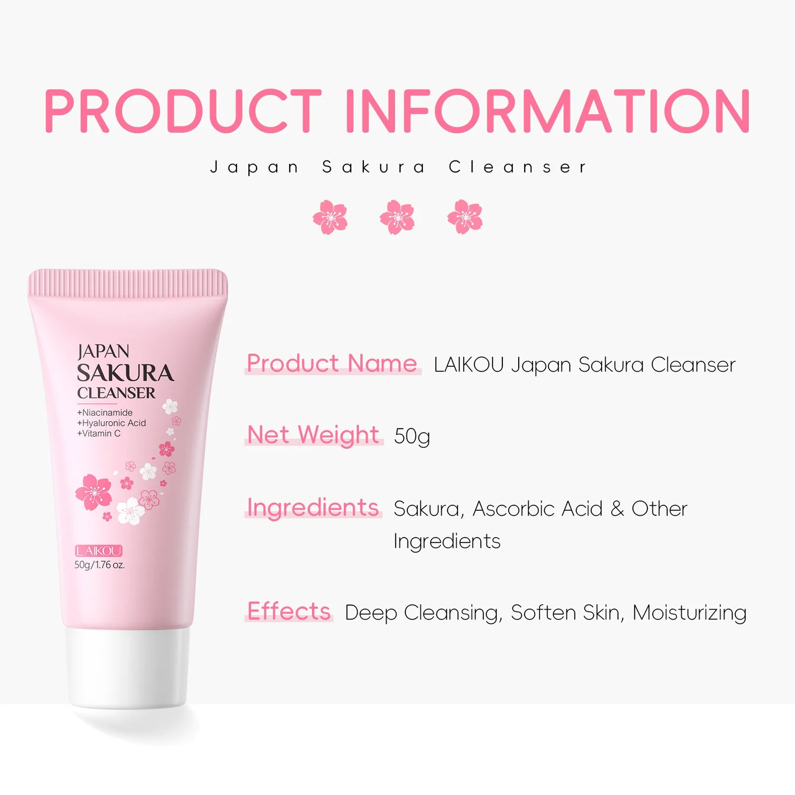 Laikou Sakura Facial Cleanser Deep Cleansing Pores Oil Control Moisturizing Brightening Face Wash Gentle For All Skin Types 50g