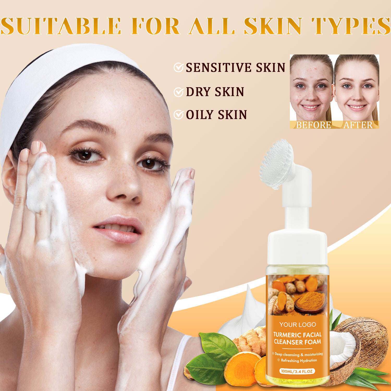 Natural Turmeric Toner Facial Foam Cleanser 100ml 3.4oz Strong Foam Anti-Wrinkle Whitening Organic Herbal Black Spots Removal
