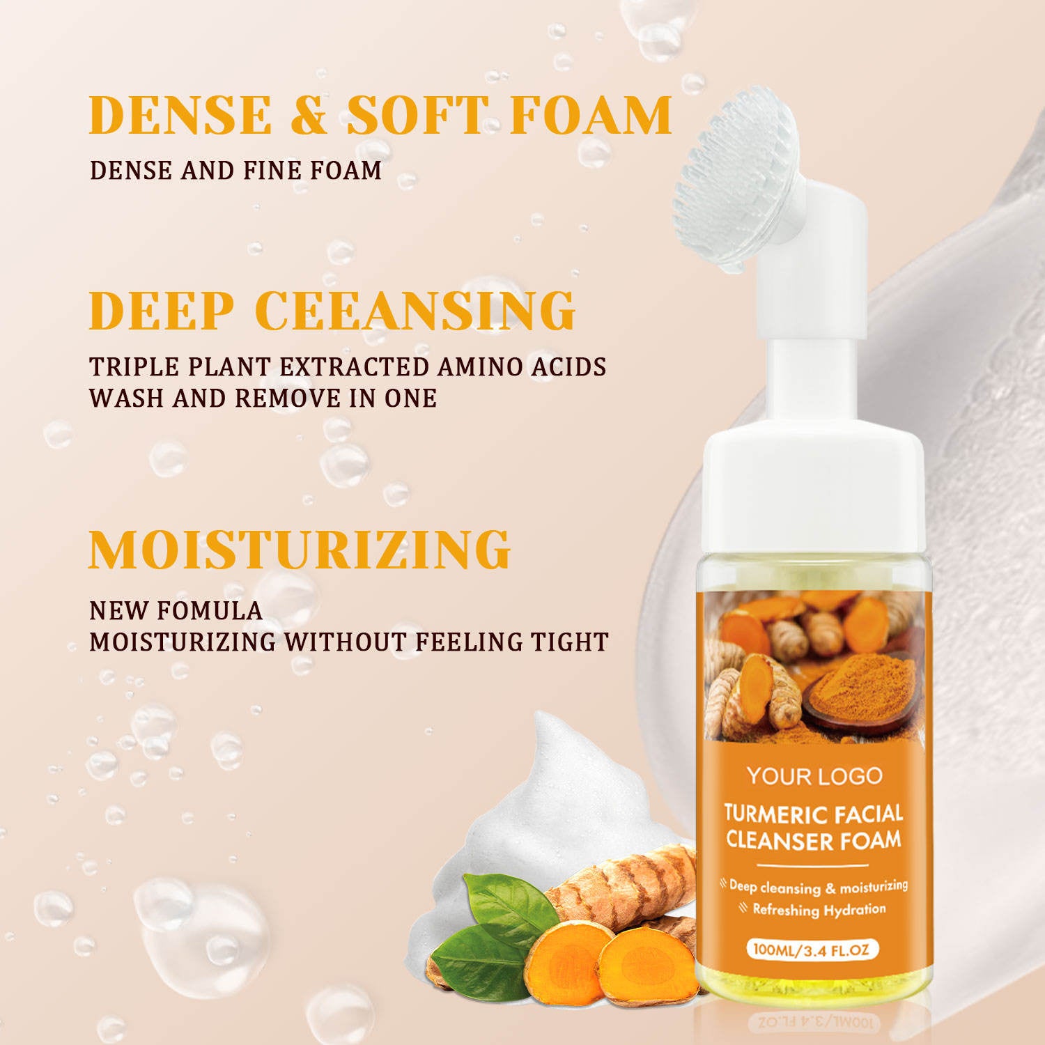 Natural Turmeric Toner Facial Foam Cleanser 100ml 3.4oz Strong Foam Anti-Wrinkle Whitening Organic Herbal Black Spots Removal